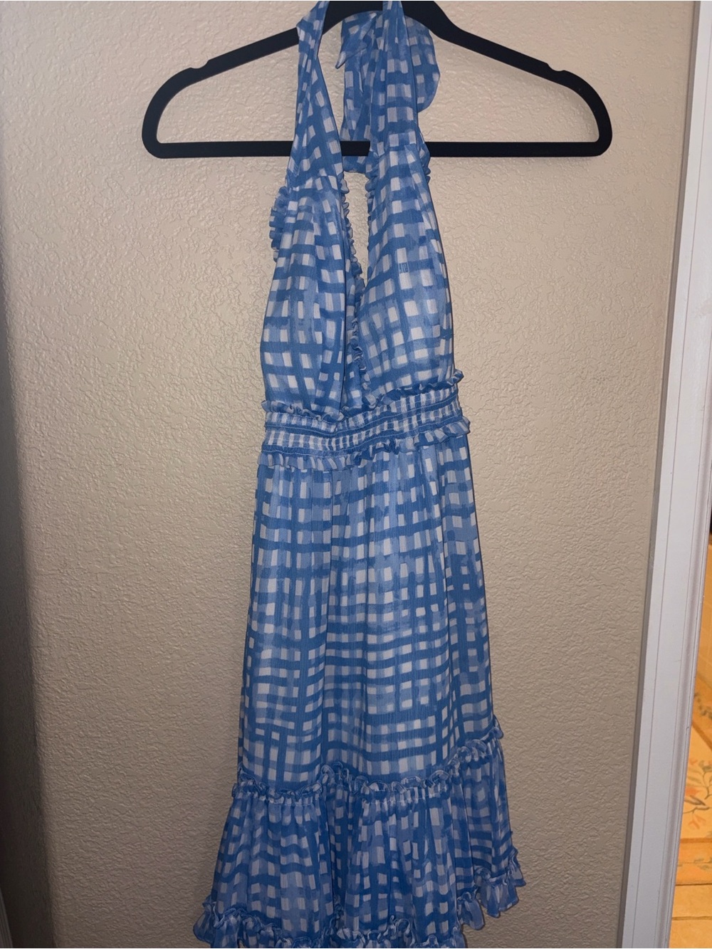 Blue & White Halter Check Midi Dress